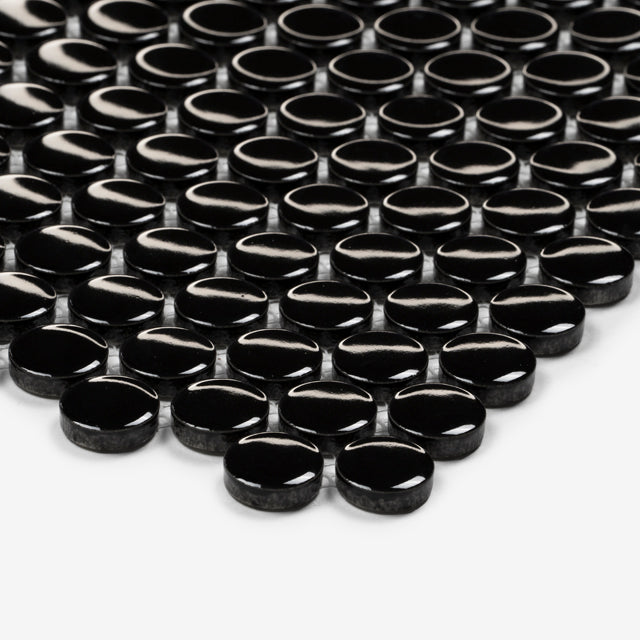 Mooloolaba Gloss Black Porcelain Penny Round Mosaic Tile 20x20mm