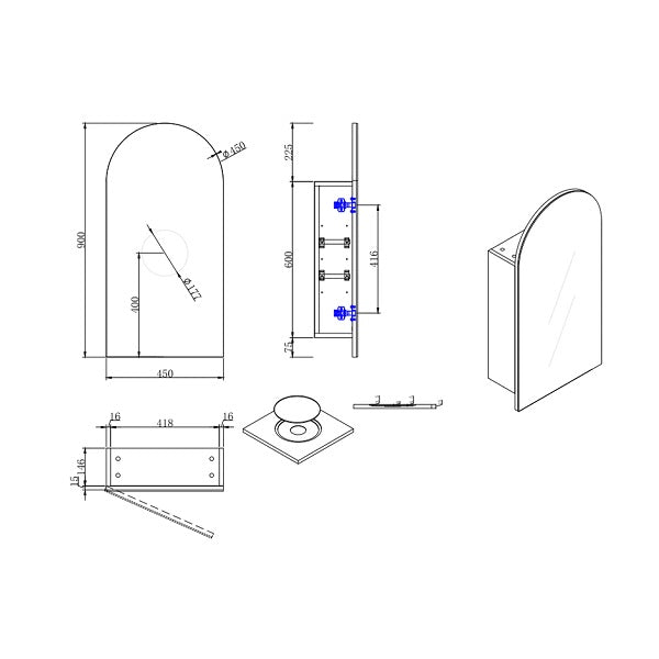 Technical Drawing - Cassa Design Arch Shaving Cabinet Matte Black - The Blue Space