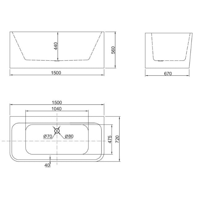 BelBagno Alto 1500 Freestanding Bath Technical Drawing - The Blue Space