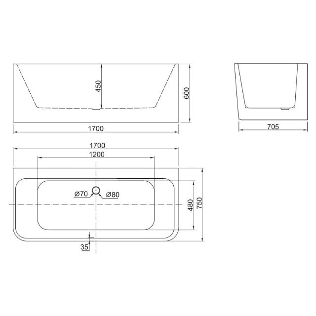 BelBagno Alto 1700 Freestanding Bath Technical Drawing - The Blue Space