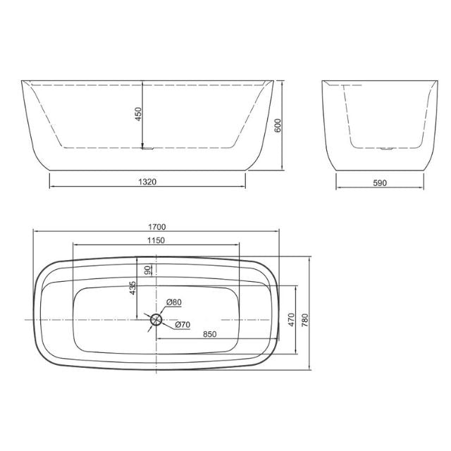 BelBagno Terriccio 1700 Freestanding Bath Technical Drawing - The Blue Space