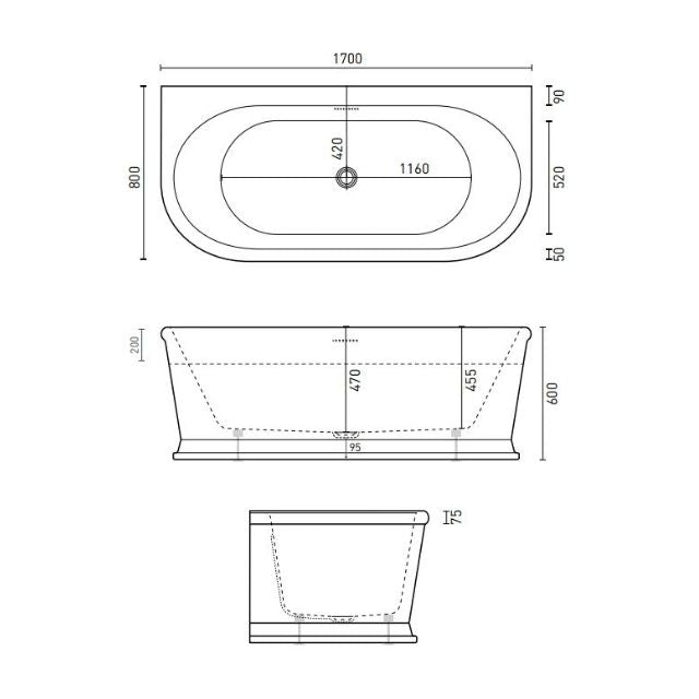 Decina Oxford 1700mm Back-To-Wall Freestanding Bath with Overflow