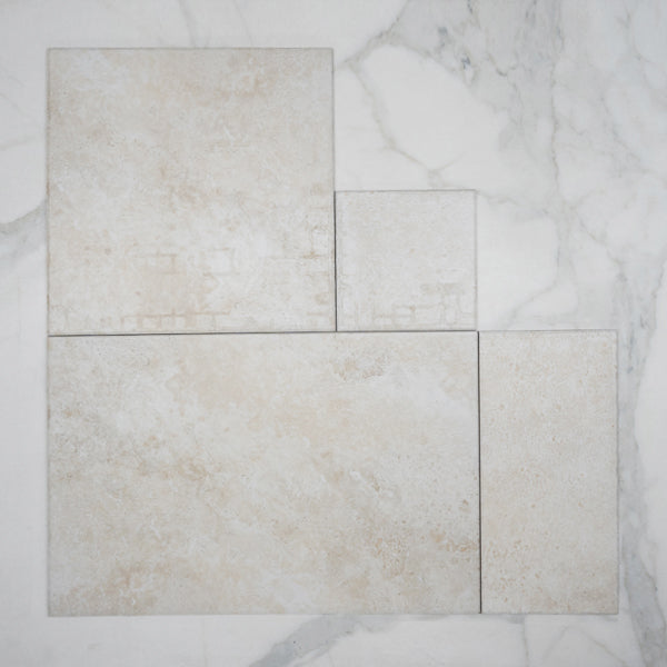 Ivory Amara Travertine Look Tile Matt French Pattern Porcelain Sample