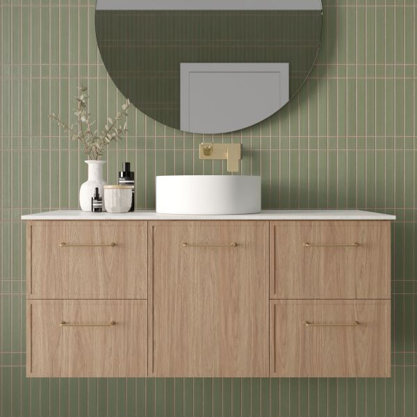 Marquis Hamilton 1200mm Centre Bowl Wall Hung Vanity in Prime Oak FInish Closeup - The Blue Space