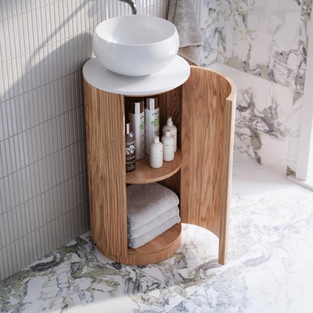 Bao classic gloss white above counter basin on Ingrain Ash timber powder room vanity