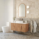 Ingrain Ash Arch Timber Framed Mirror with Ingrain Ash Contoured Wall Hung Vanity and Bao Elegant Back to Wall Toilet