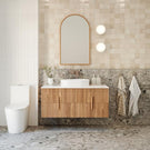 Ingrain Ash Arch Timber Framed Mirror with Ingrain Ash Contoured Wall Hung Vanity and Bao Elegant Back to Wall Toilet