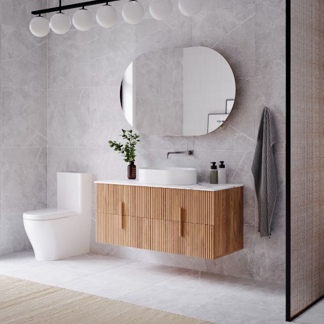 Ingrain Contoured Ash Wall Hung Vanity 1200 in neutral bathroom