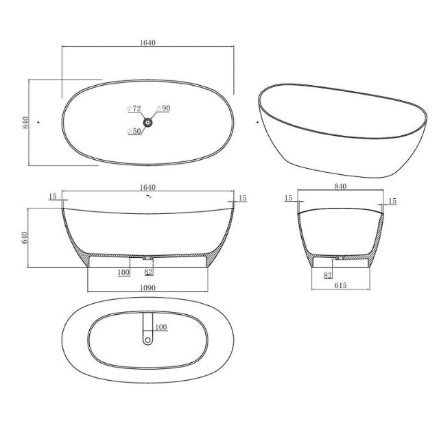 Kaskade Margot 1640 Freestanding Stone Bath Matte White 1640mm Dimensions - The Blue Space