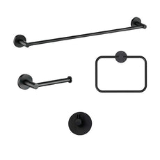 Matte Black Bathroom Accessories Package online at The Blue Space. Affordable matte black bathroom accessories package with towel rail, towel ring, robe hook and toilet roll holder.