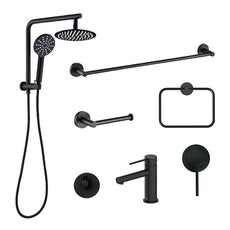 Matte Black Bathroom Tapware Package online. Affordable bathroom packages. Indigo shower, tapware and bathroom accessories package in matte black