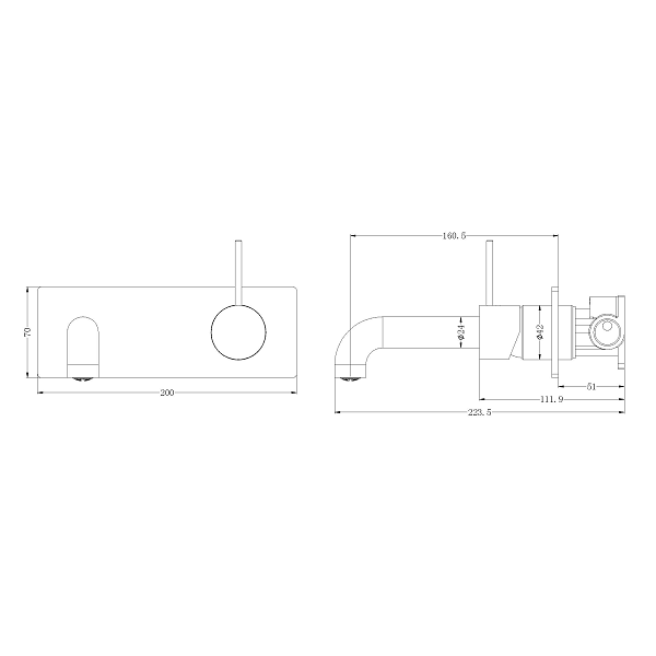 Technical Drawing: Nero Mecca Wall Basin Mixer Handle Up 160mm Spout Gun Metal