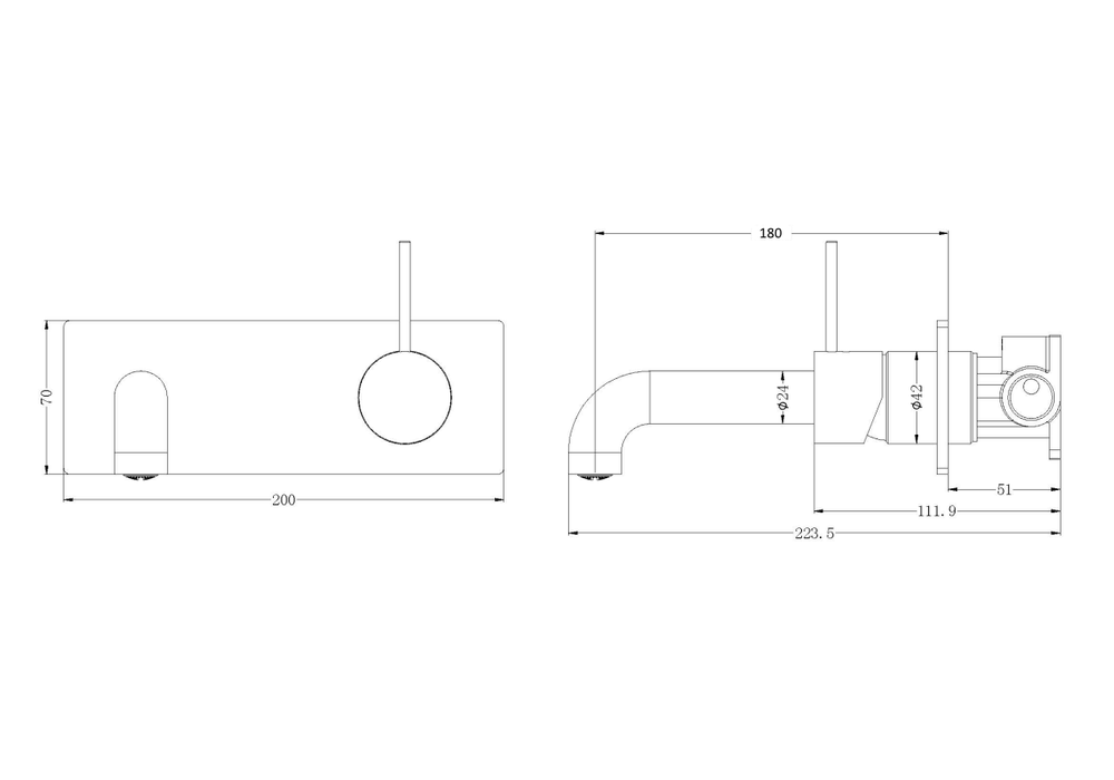 Technical Drawing: Nero Mecca Wall Basin Mixer Handle Up 185mm Spout Gun Metal