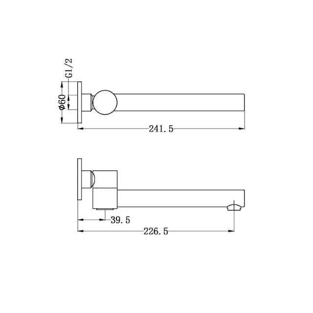 Technical Drawing Nero Dolce Wall Mounted Swivel Bath Spout Brushed Nickel NR202BN -the-blue-space