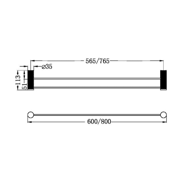 Technical Drawing Nero Opal Double Towel Rail 800mm Brushed Nickel NR2530dBN - The Blue Space