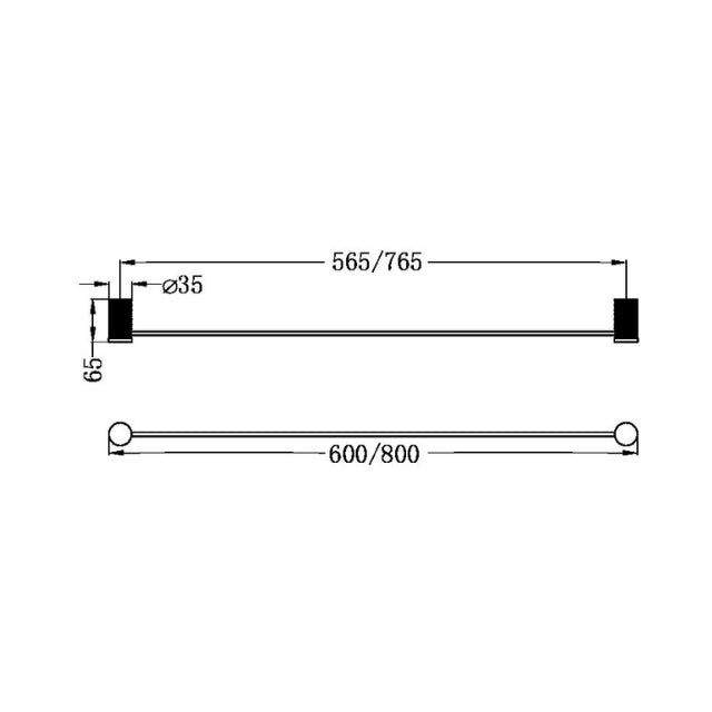 Technical Drawing Nero Opal Single Towel Rail 800mm Brushed Gold NR2530BG - The Blue Space