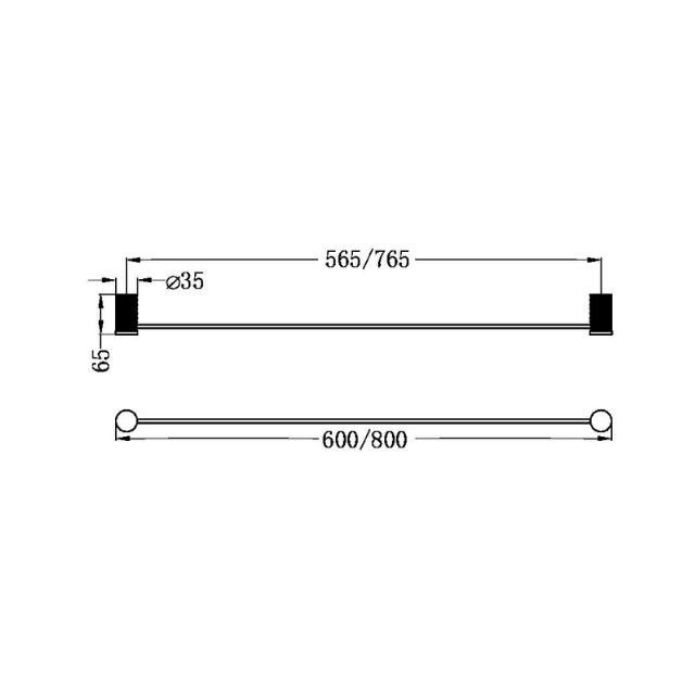 Technical Drawing Nero Opal Single Towel Rail 800mm Brushed Nickel NR2530BN - The Blue Space