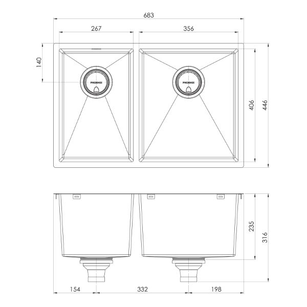 Phoenix 4000 Series 1-3/4 Bowl Sink 683 x 446mm Brushed Black RH Bowl The Blue Space - line drawing