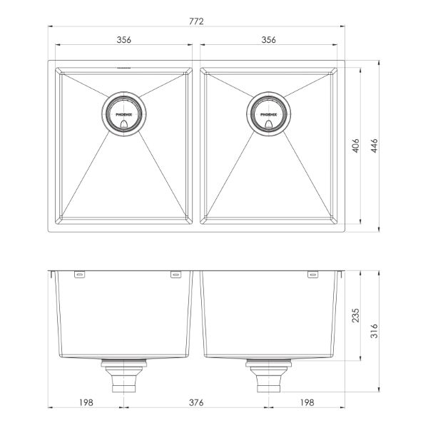 Phoenix 4000 Series Double Bowl Sink 772 x 446mm Brushed Black The Blue Space - line drawing