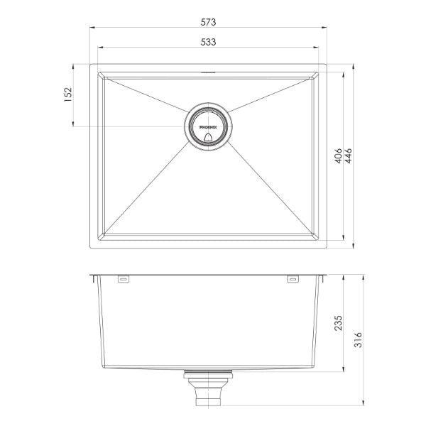 Phoenix 4000 Series Single Bowl Sink 573 x 446mm Brushed Black The Blue Space - line drawing