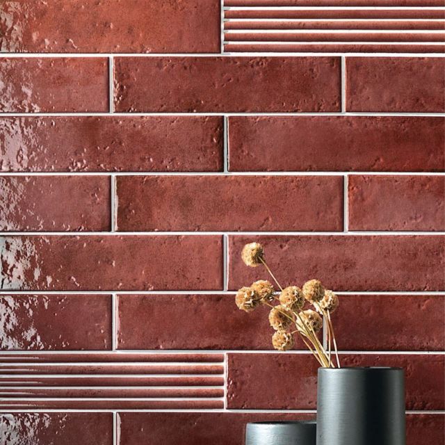 Antique Red Andrea Subway Tile Textural Gloss 75 x 300 x 8mm Italian Porcelain