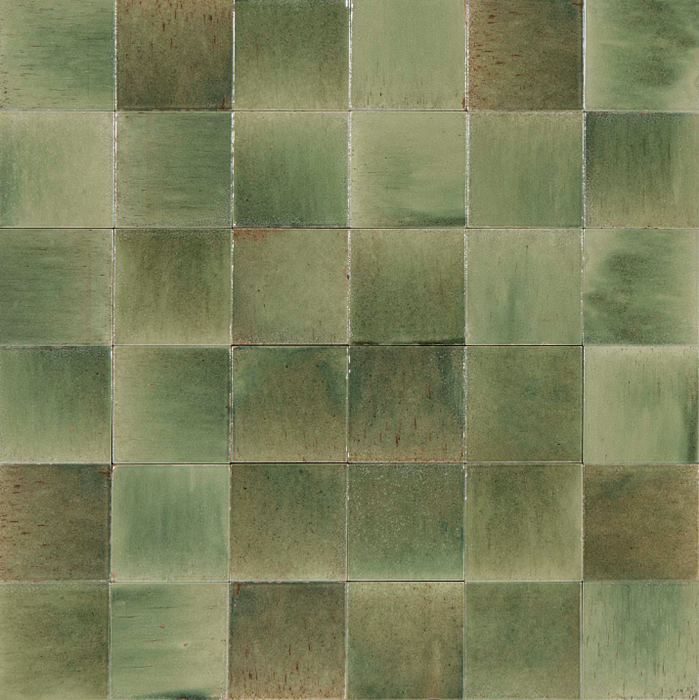 Sicily Giada Green Gloss Zellige Cushioned Edge Porcelain Tile 100x100mm