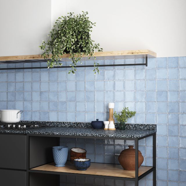 Blue handmade zellige tile on kitchen splashback tile at The Blue Space