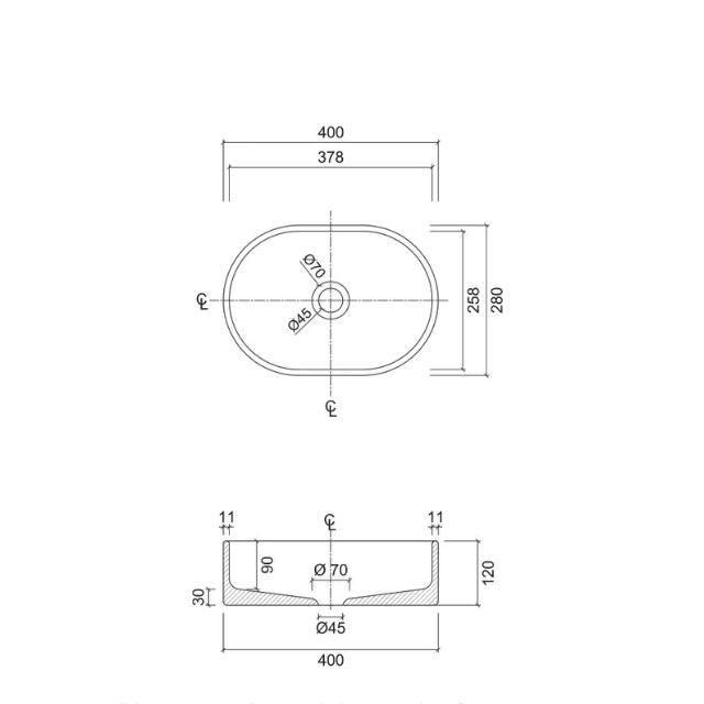 Technical Drawing Eight Quarters 400mm x 280mm Concrete Mini Pod Above Counter Basin - Blush EQCO2-B - The Blue Space