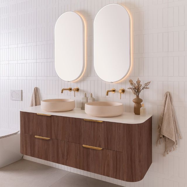 ADP Thirroul 1500 Double Bowl, Florentine Walnut, 12mm Arctic White Durasein benchtop, Aria Handles Brushed Brass, Jean Concrete Above Counter Basins, Butter, Sera Pill LED Mirrors, Soul Basin Mixer & Spout in Brushed Brass