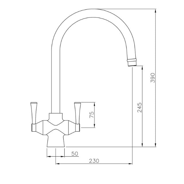 Technical Drawing Turner Hastings Gosford Double Sink Mixer - Brushed Brass GO203DM-BB - The Blue Space