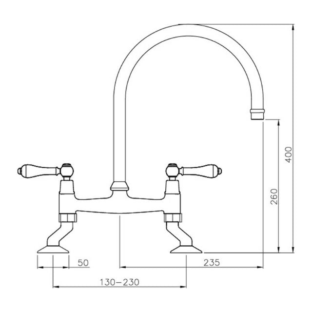 Technical Drawing Turner Hastings Ludlow Bridge Mixer Tap - Brushed Nickel LU105BM-BN - The Blue Space