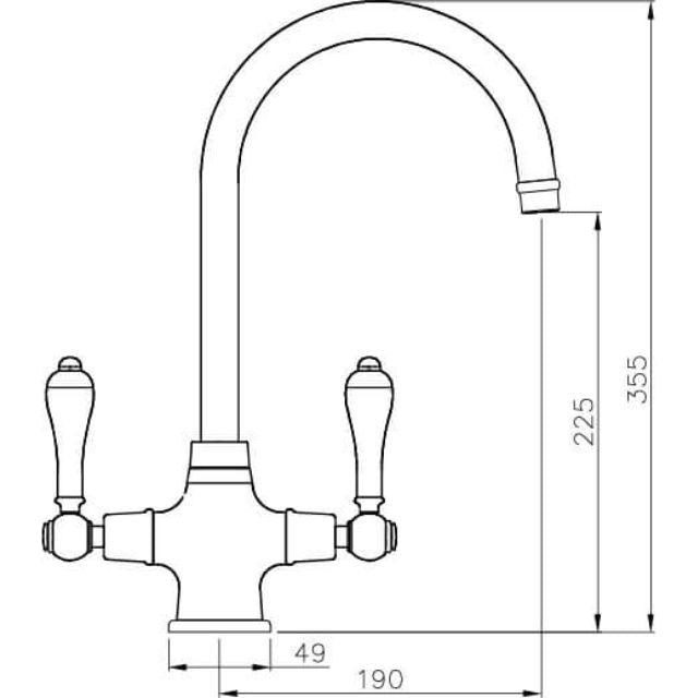 Technical Drawing Turner Hastings Ludlow Double Sink Mixer - Brushed Brass LU103DM-BB - The Blue Space