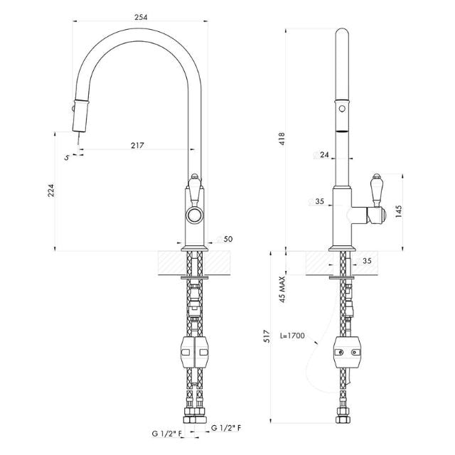 Technical Drawing Turner Hastings Ludlow Pull Out Sink Mixer - Brushed Brass LU109PM-BB - The Blue Space