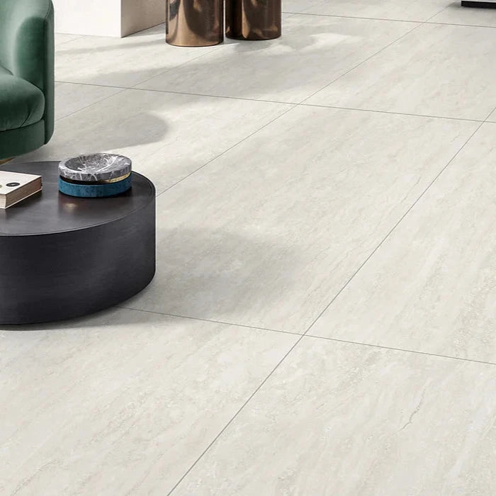 Bianco Josie Cross Cut Travertine Tile Tech grip 600 x 600 x 10mm Porcelain  | The Blue Space