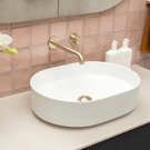 Bao Pill 500mm Above Counter Basin - Matte White and Nero Mecca Wall Basin/Bath Mixer Separate Back Plate 185mm Brushed Gold