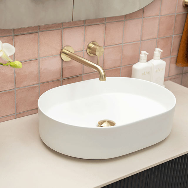 Bao Pill 500mm Above Counter Basin - Matte White and Nero Mecca Wall Basin/Bath Mixer Separate Back Plate 185mm Brushed Gold