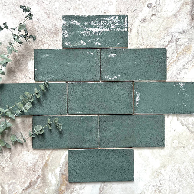 Dark Green Dianna Hand Made Subway Tile 75 x 150 x 9mm Spanish Ceramic  | The Blue Space