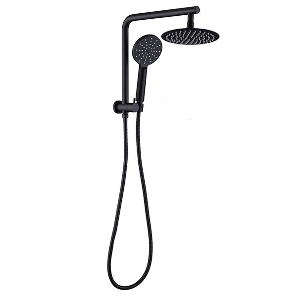 Indigo Ciara Twin shower in matte black. Perfect for retrofit application.  Round matte black shower with 2 shower heads, rain shower and hand held shower. 