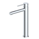 Indigo Alisa tall basin mixer in chrome. Round high basin mixer with rounded design and pin lever. 