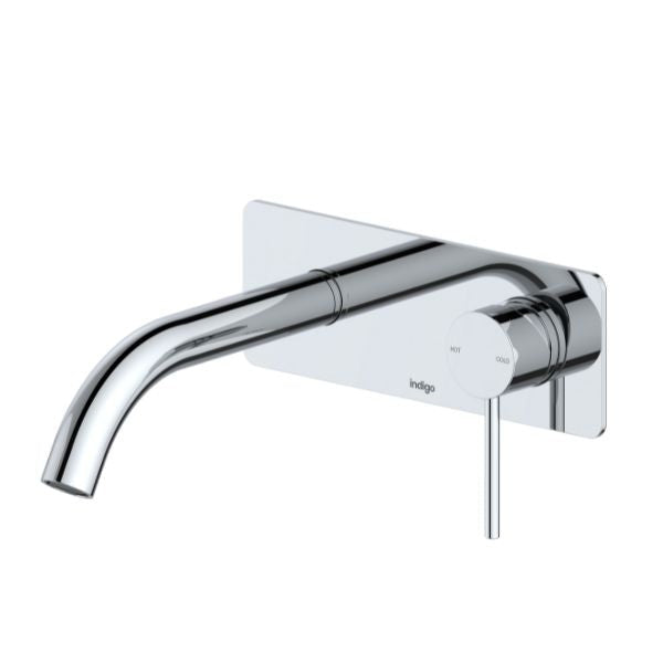 Indigo Alisa Wal Basin math mixer in chrome 220mm spout. Affordable round wall tap mixer with rectangle backplate and pin lever. 