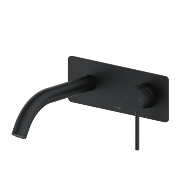 Indigo Alisa wall bath basin mixer in matte black. Rounded basin mixer design with pin lever and rectangle backplate. High quality matte black wall mixer taps at affordable prices. 