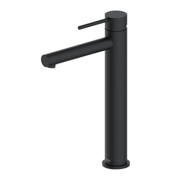 Indigo Alisa tower basin mixer in matte black. High basin mixer with pin lever and round design. Affordable, high quality bathroom taps
