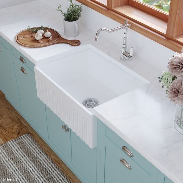 Lifestyle 1 Fienza Charlton Butler Sink Small Reversible Fluted & Flat 690mm Fire Clay Gloss White 68700 - The Blue Space