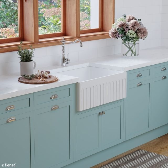 Lifestyle 2 Fienza Charlton Butler Sink Small Reversible Fluted & Flat 690mm Fire Clay Gloss White 68700 - The Blue Space