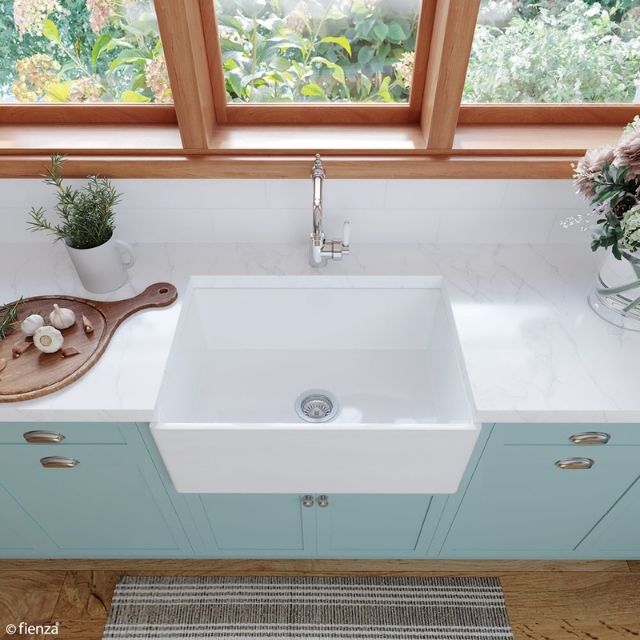 Lifestyle 4 Fienza Charlton Butler Sink Small Reversible Fluted & Flat 690mm Fire Clay Gloss White 68700 - The Blue Space