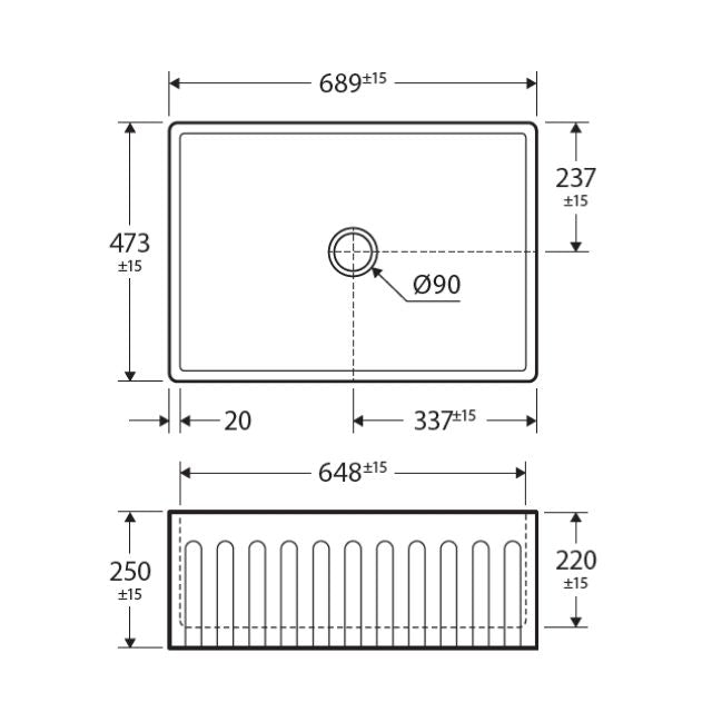 Technical Drawing Fienza Charlton Butler Sink Small Reversible Fluted & Flat 690mm Fire Clay Gloss White 68700 - The Blue Space