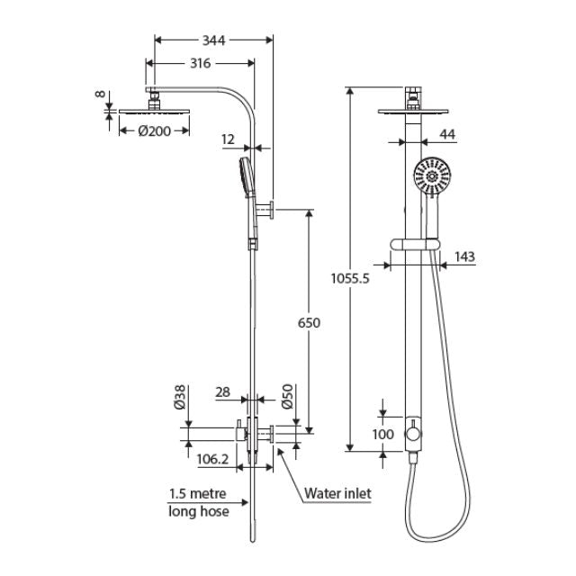 Technical Drawing Fienza Empire Multifunction Twin Rail Shower 455108 - The Blue Space