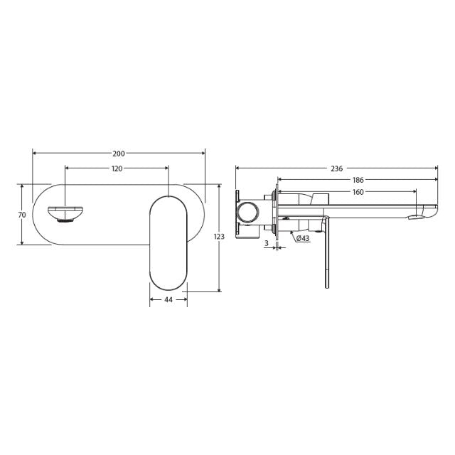 Technical Drawing Fienza Empire Slim Basin/Bath Wall Mixer Set Oval Plate 160mm Matte Black 234106B-LF - The Blue Space