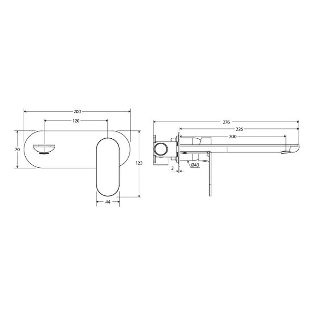 Technical Drawing Fienza Empire Slim Basin/Bath Wall Mixer Set Oval Plate 200mm Brushed Copper 234106CO-200-LF - The Blue Space