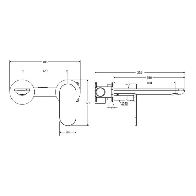 Technical Drawing Fienza Empire Slim Basin/Bath Wall Mixer Set Round Plates 160mm Brushed Nickel 234104BN-LF - The Blue Space